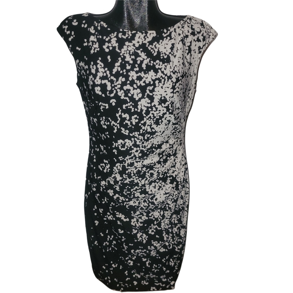 Chaps Black and White Floral Patterned Short Cap Sleeve Sheath Dress L
